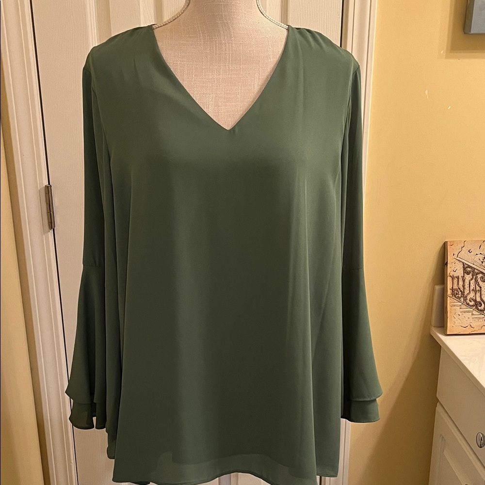 Alfani Olive Green V-Neck Bell Sleeve Blouse, Size 16
